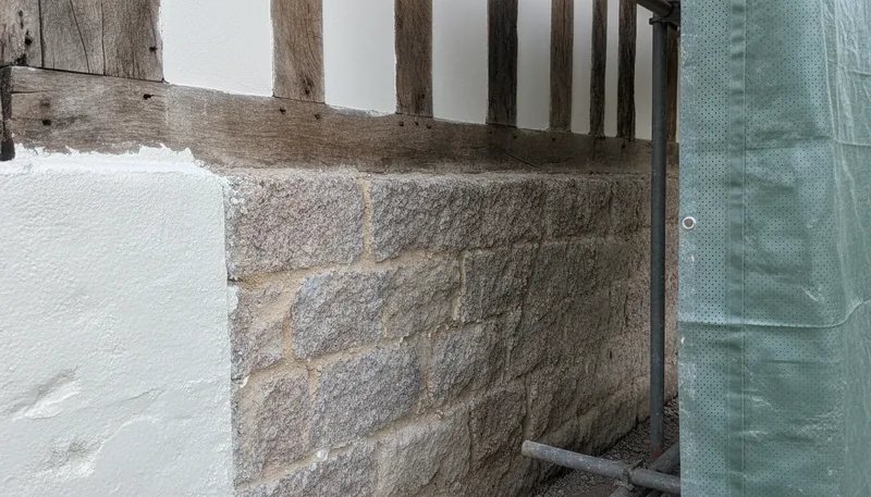 Soubassement de maison à pans de bois libéré du ciment à Morlaix